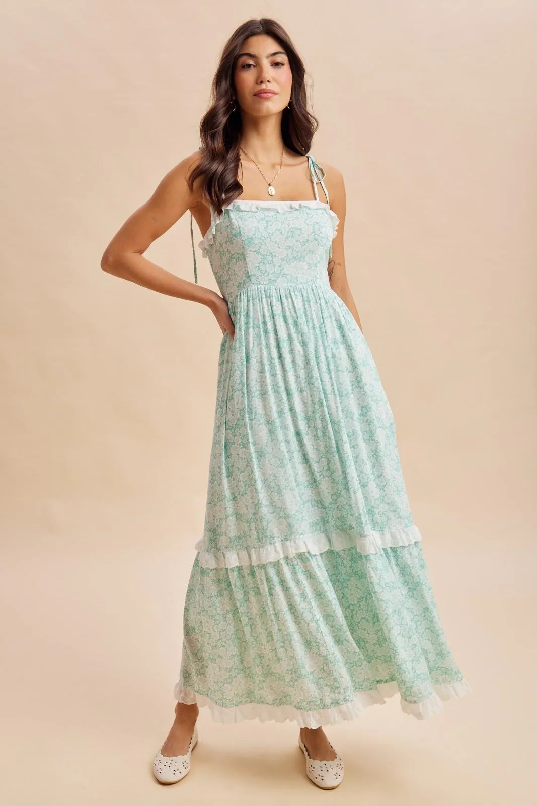 Jelly Mint Floral Shoulder Tie Ruffle Detail Maxi Dress sold by Pinkblush product image thumbnail 3