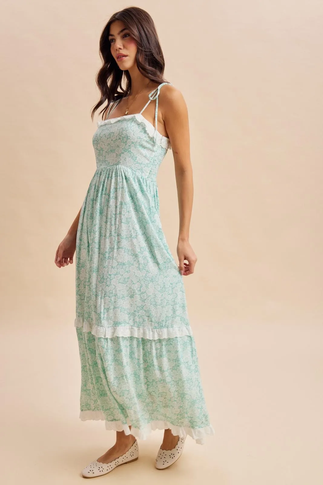 Jelly Mint Floral Shoulder Tie Ruffle Detail Maxi Dress sold by Pinkblush product image thumbnail 4