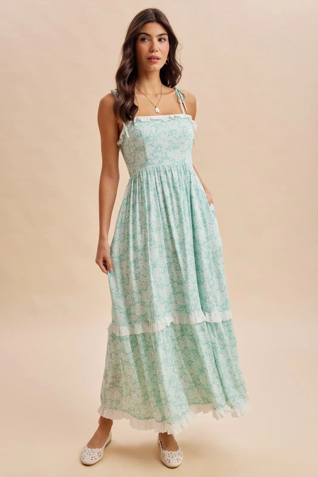 Jelly Mint Floral Shoulder Tie Ruffle Detail Maxi Dress sold by Pinkblush product image thumbnail 2