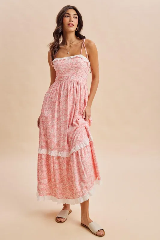 Candy Pink Floral Shoulder Tie Ruffle Detail Maxi Dress made by Inloom