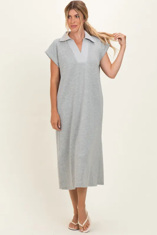 Heather Grey Striped Collared Side Slit Midi Dress made by JODIFL