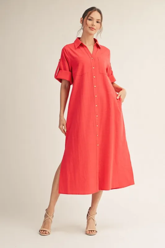 Red Side Slit Button Down Midi Dress made by JODIFL