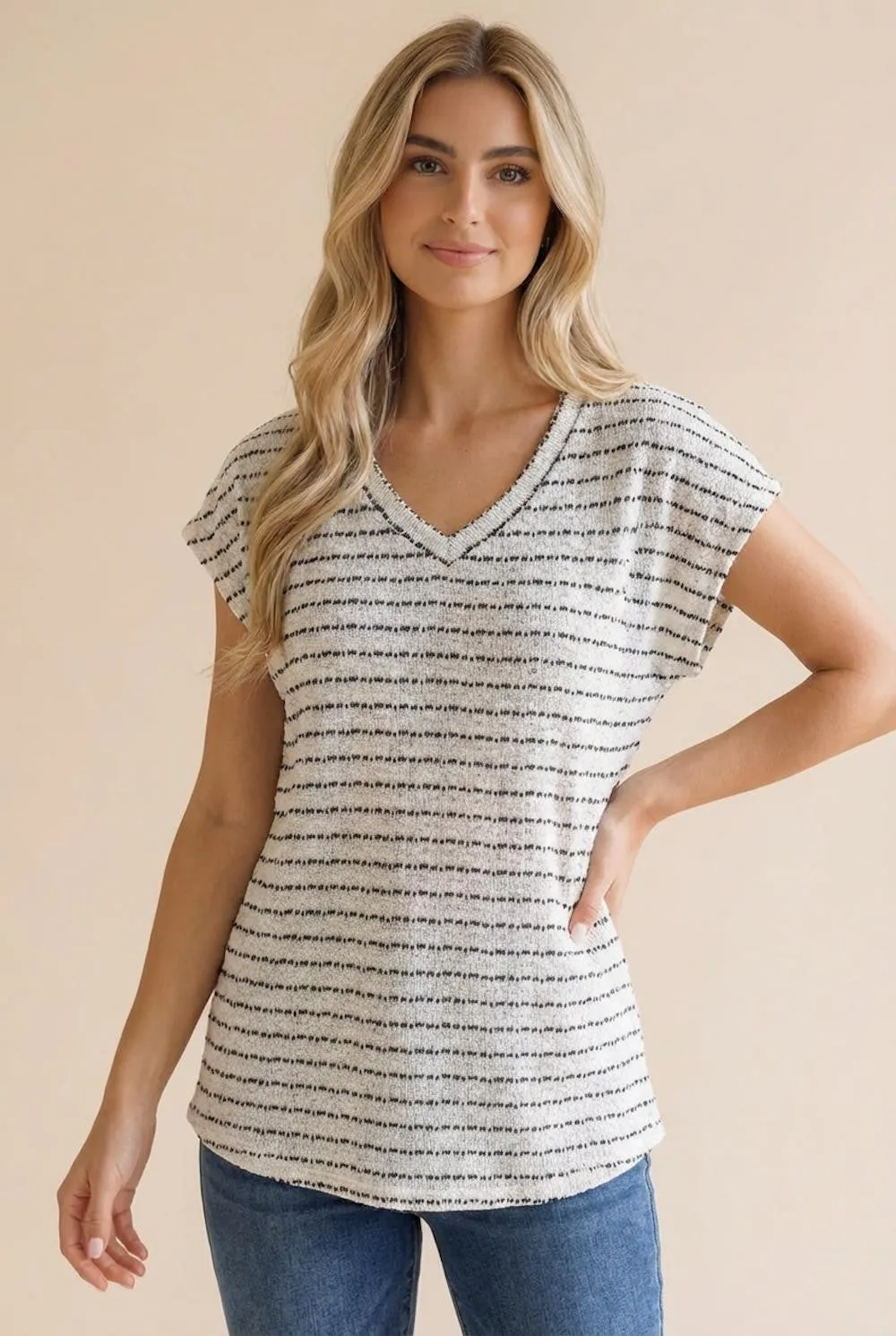Ivory Striped Knit V-Neck Top sold by Pinkblush