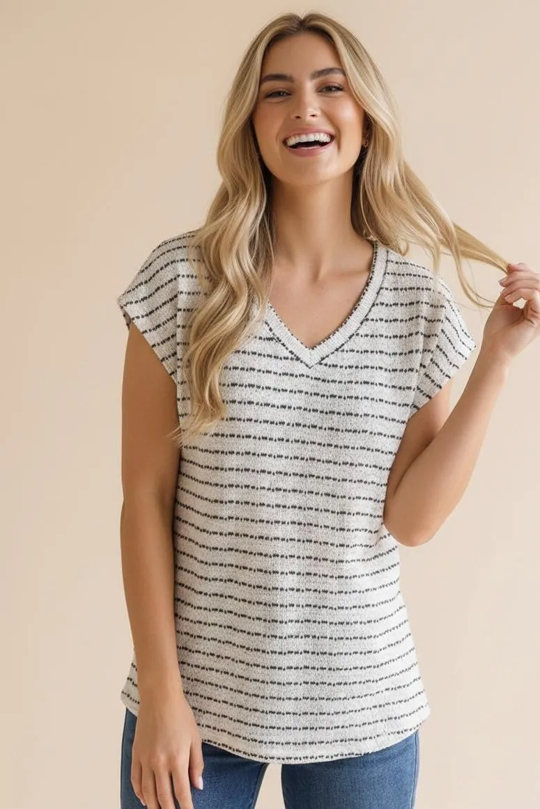 Ivory Striped Knit V-Neck Top sold by Pinkblush product image thumbnail 2