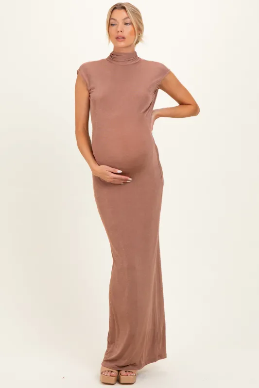 Brown Open Back Scarf Neck Maternity Maxi Dress made by Fore Collection