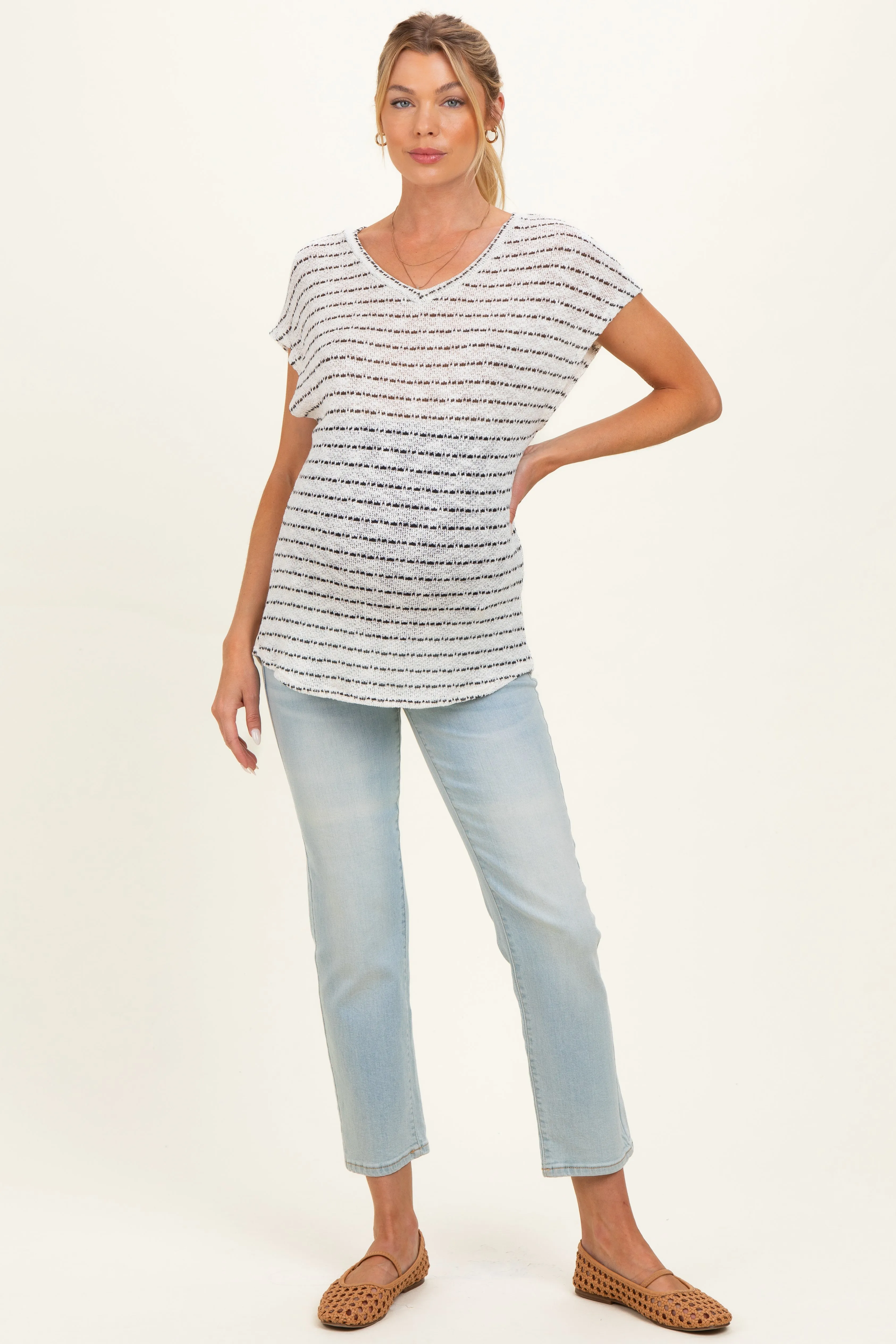 Ivory Striped Knit Maternity V-Neck Top sold by Pinkblush product image thumbnail 2