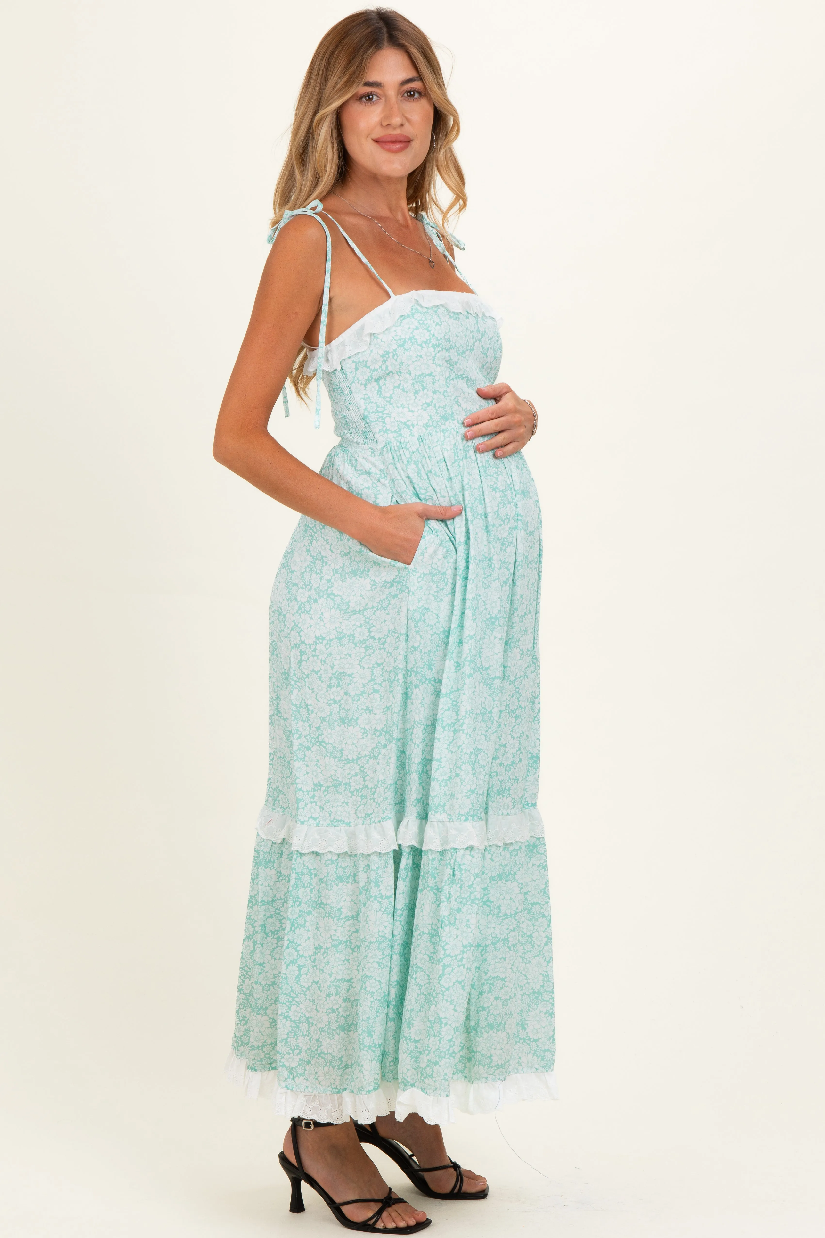 Jelly Mint Floral Shoulder Tie Ruffle Detail Maternity Maxi Dress sold by Pinkblush product image thumbnail 2