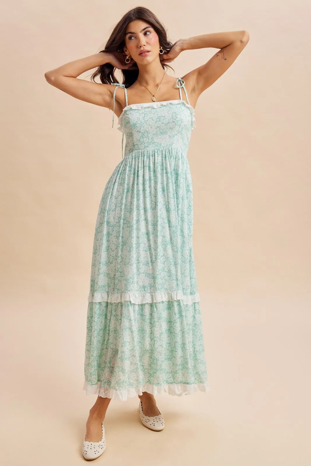 Jelly Mint Floral Shoulder Tie Ruffle Detail Maternity Maxi Dress sold by Pinkblush product image thumbnail 4