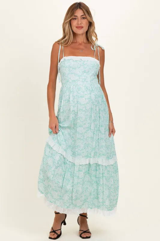 Jelly Mint Floral Shoulder Tie Ruffle Detail Maternity Maxi Dress made by Inloom