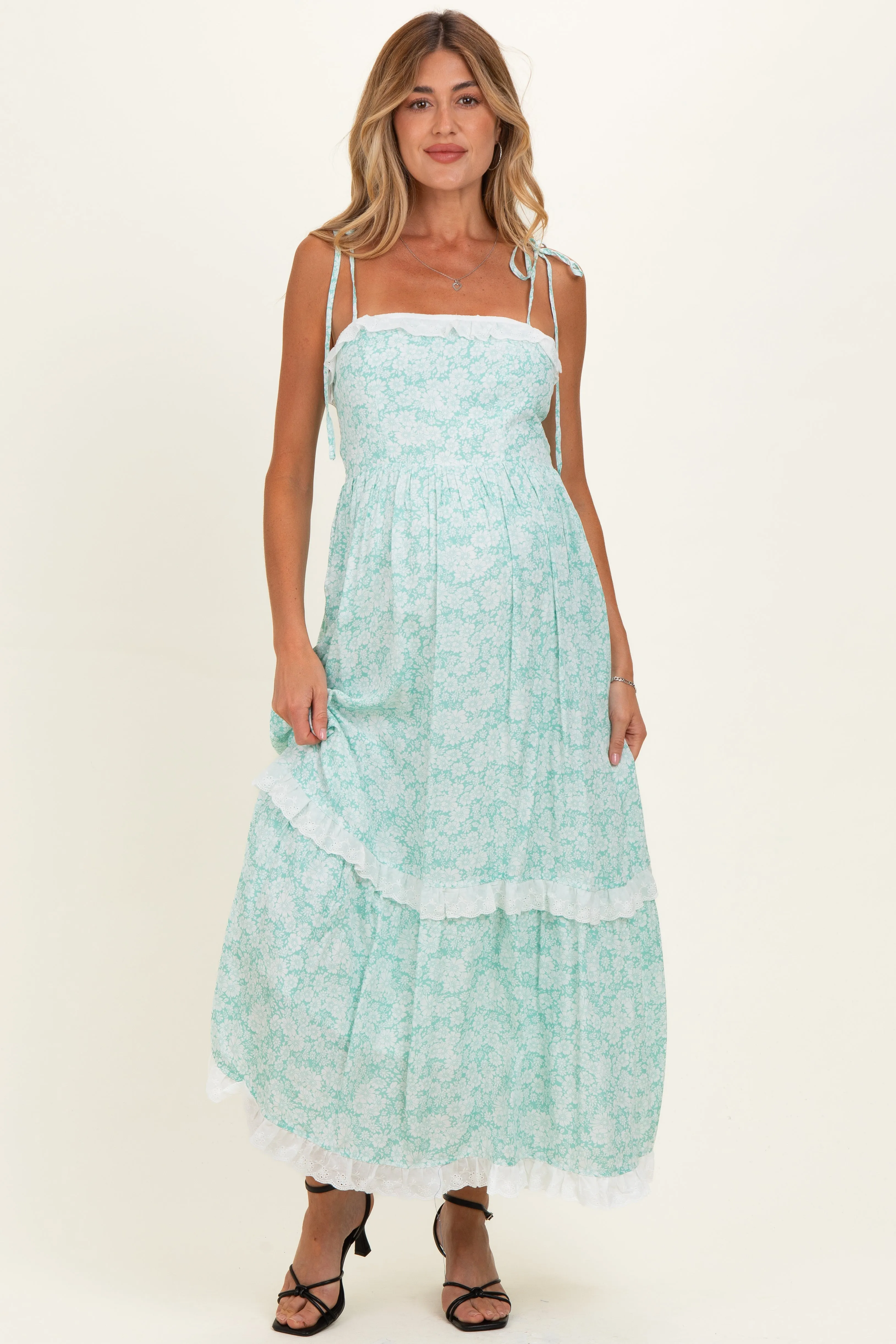 Jelly Mint Floral Shoulder Tie Ruffle Detail Maternity Maxi Dress sold by Pinkblush