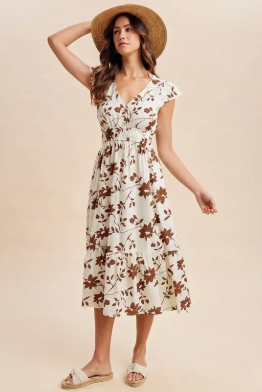 Brown Floral Button Detail Midi Dress made by AnnieWear