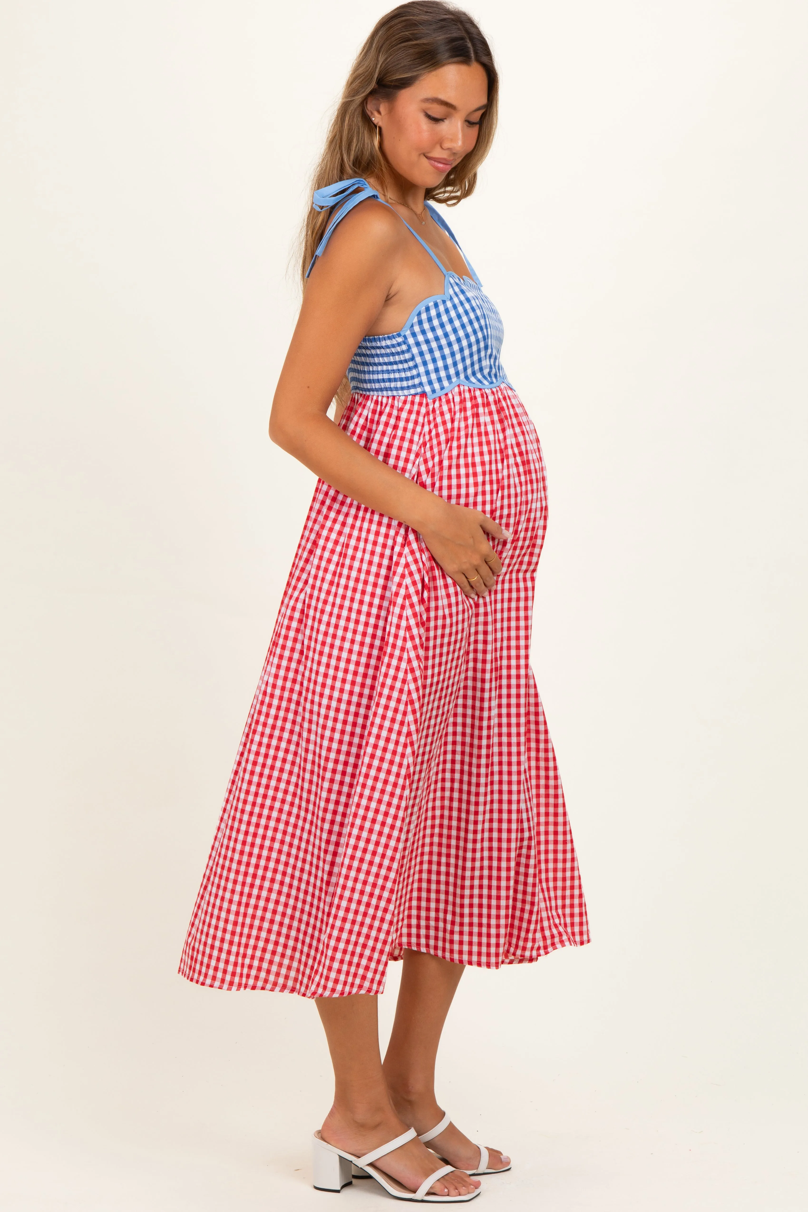Red Gingham Colorblock Scallop Trim Maternity Midi Dress sold by Pinkblush product image thumbnail 3