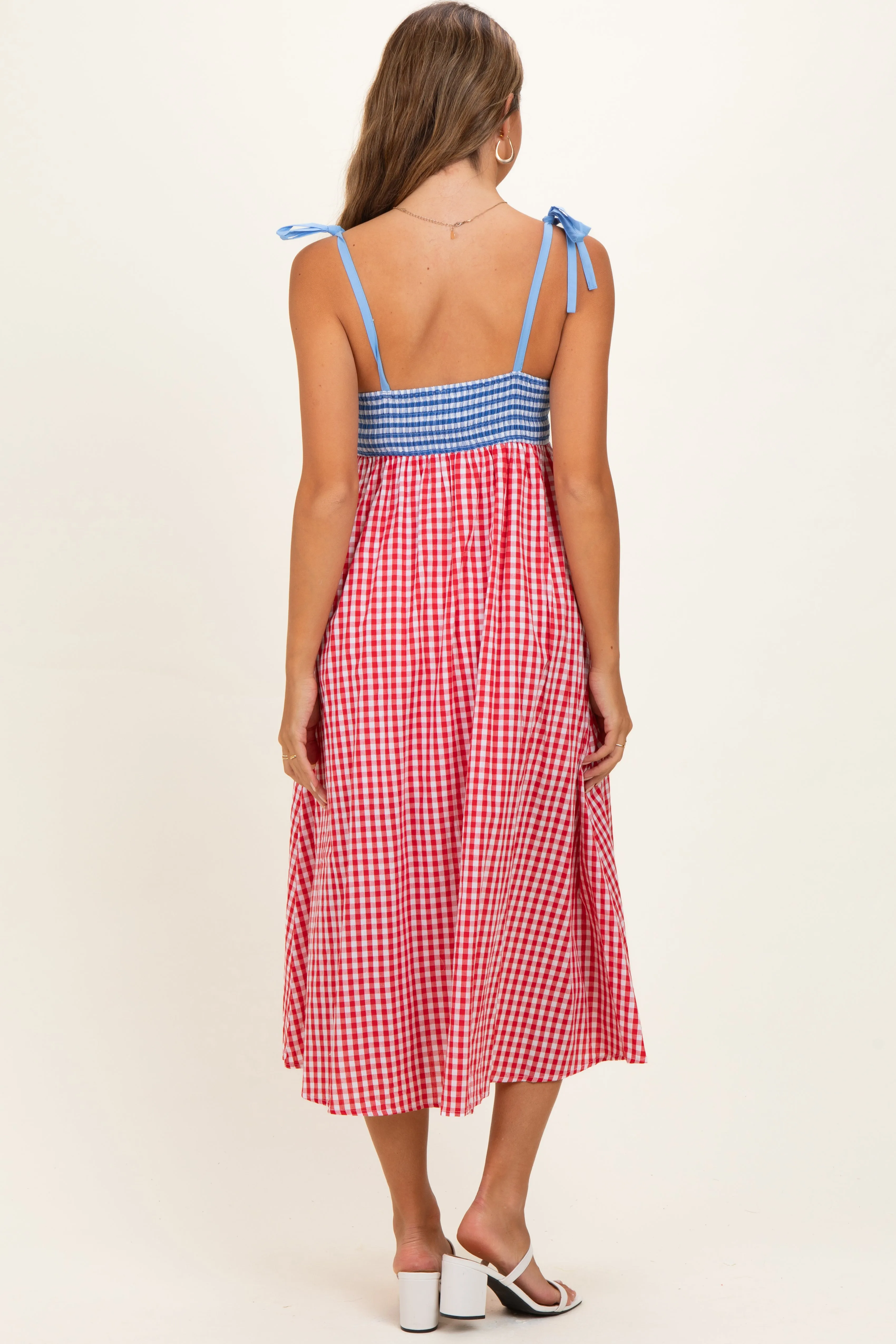 Red Gingham Colorblock Scallop Trim Maternity Midi Dress sold by Pinkblush product image thumbnail 4