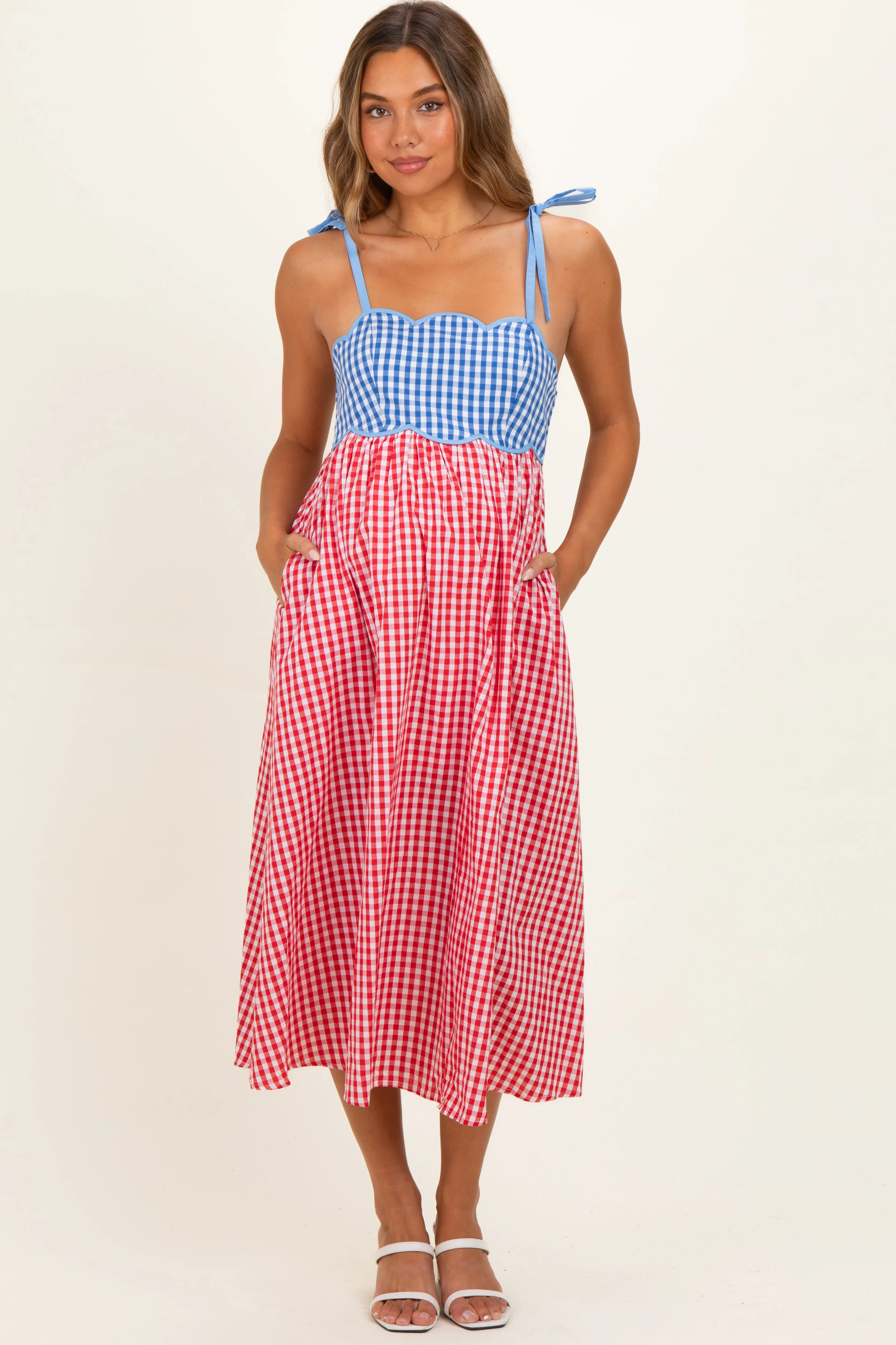 Red Gingham Colorblock Scallop Trim Maternity Midi Dress sold by Pinkblush