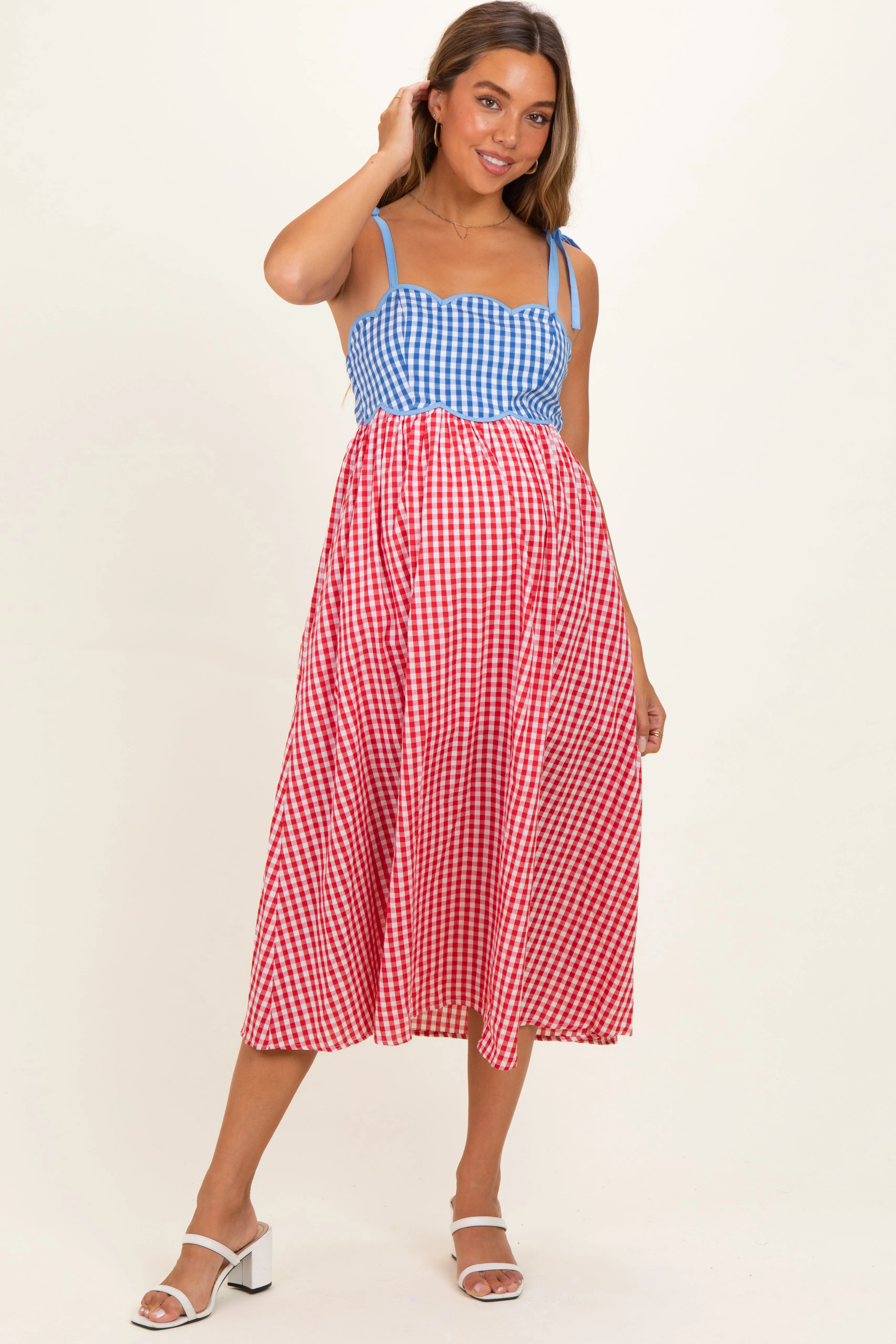 Red Gingham Colorblock Scallop Trim Maternity Midi Dress sold by Pinkblush product image thumbnail 2