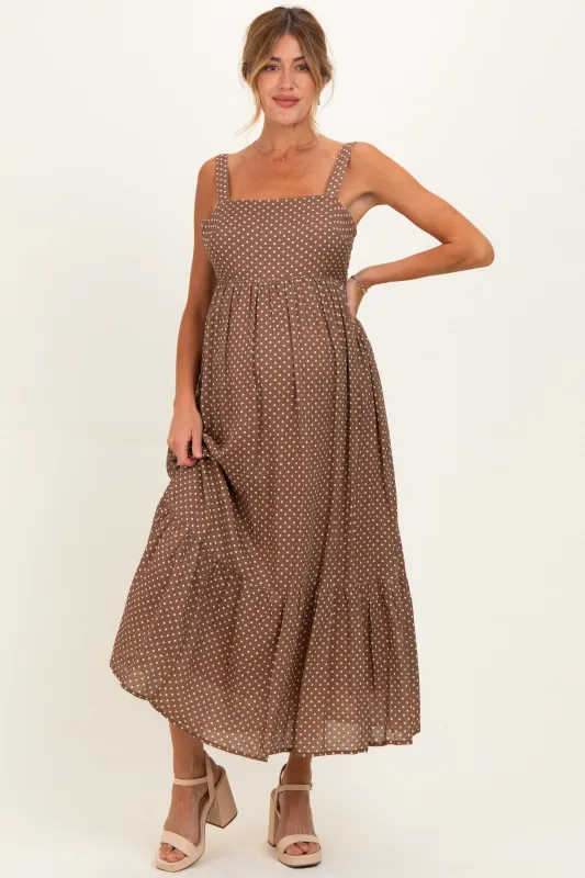 Latte Polka Dot Back Bow Maternity Maxi Dress made by Inloom