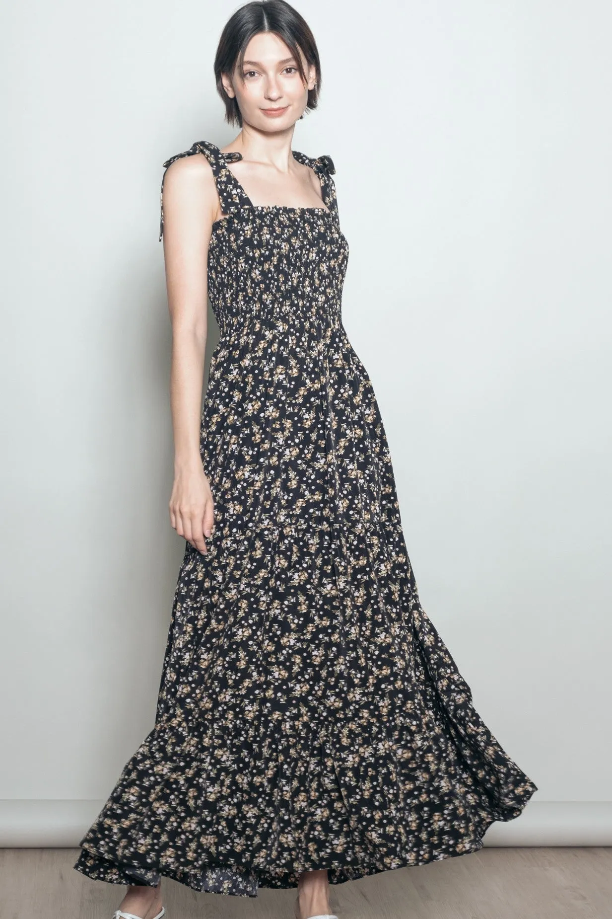 Black Floral Shoulder Tie Maxi Dress sold by Pinkblush product image thumbnail 2