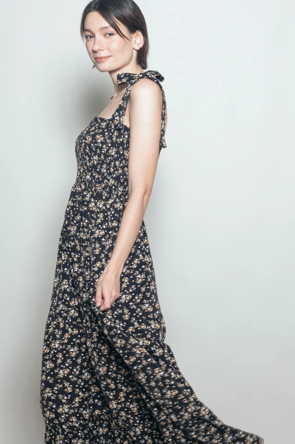 Black Floral Shoulder Tie Maxi Dress sold by Pinkblush product image thumbnail 3