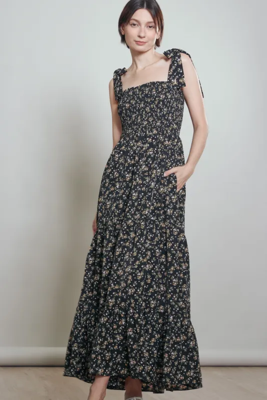 Black Floral Shoulder Tie Maxi Dress made by Pinkblush
