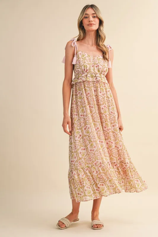 Light Pink Floral Tassel Strap Midi Dress made by Merci