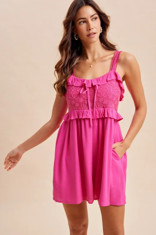 Hot Pink Embroidered Ruffle Accent Romper made by AnnieWear