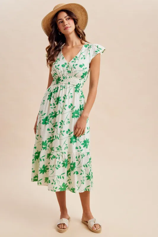 Green Floral Button Detail Midi Dress made by AnnieWear