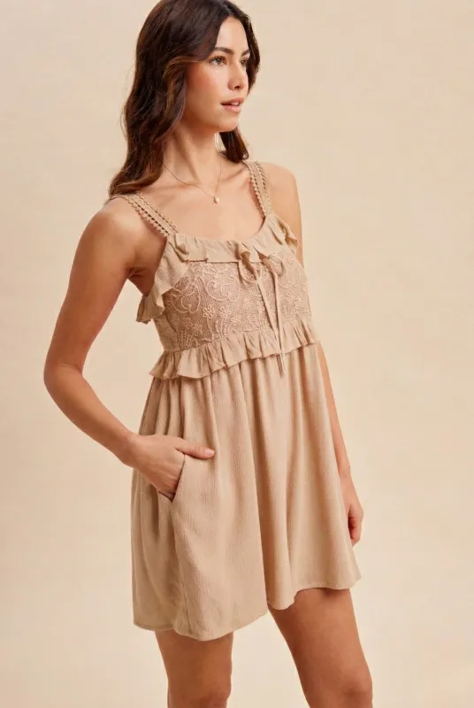 Sand Embroidered Ruffle Accent Romper made by AnnieWear