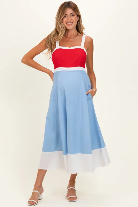 Red Blue Colorblock Sleeveless Maternity Midi Dress made by entro