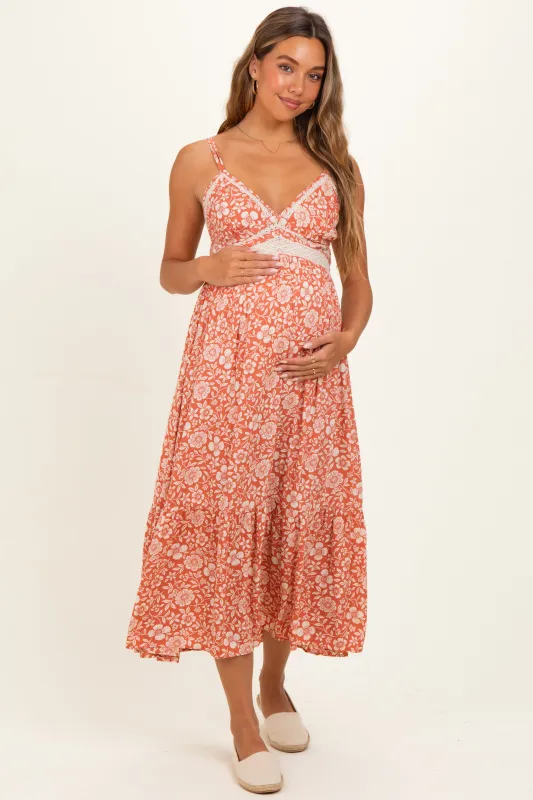 Creamsicle Floral V-Neck Lace Trim Maternity Maxi Dress made by Angie