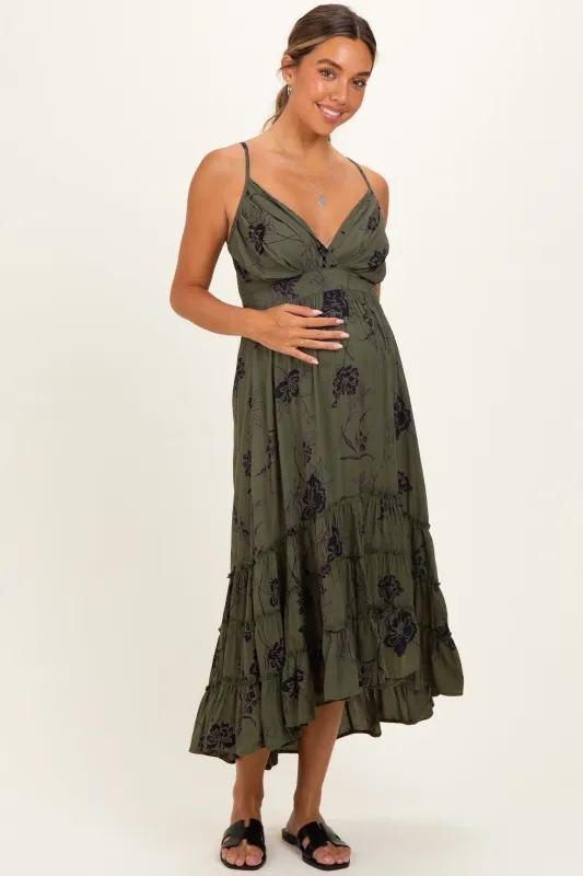 Olive Floral V-Neck Tiered Hi-Lo Maternity Dress made by Angie