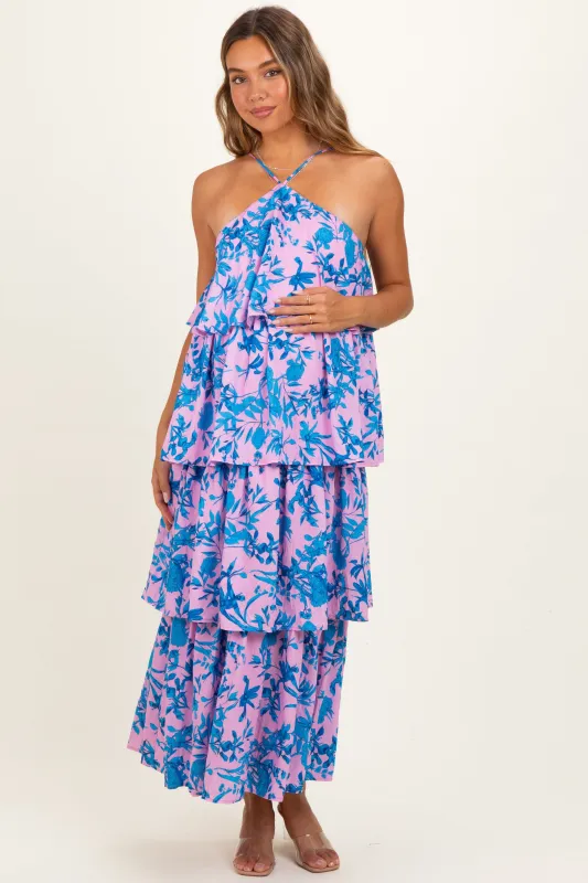 Pink Floral Flowy Tiered Maternity Maxi Dress made by entro