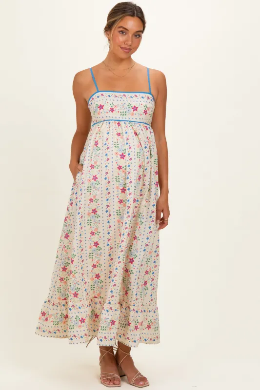 Creme Floral Sleeveless Maternity Maxi Dress made by Inloom