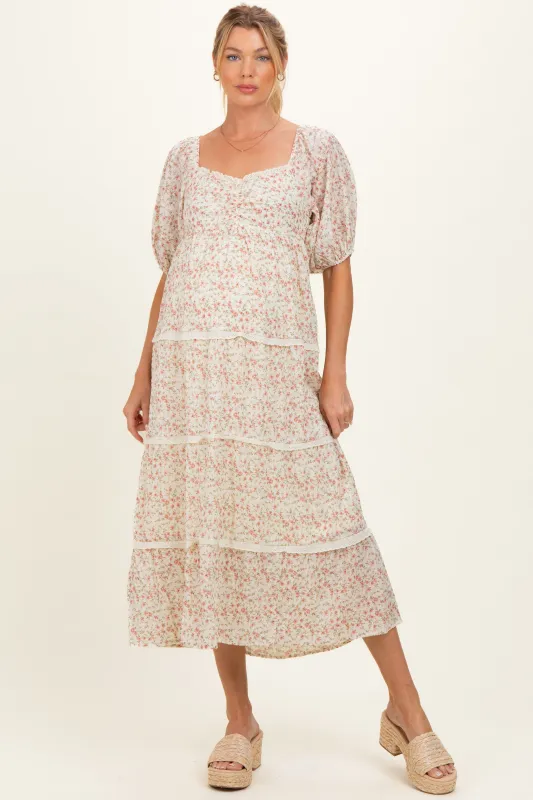 Butter Floral Lace Trim Tiered Maternity Midi Dress made by BaeVely