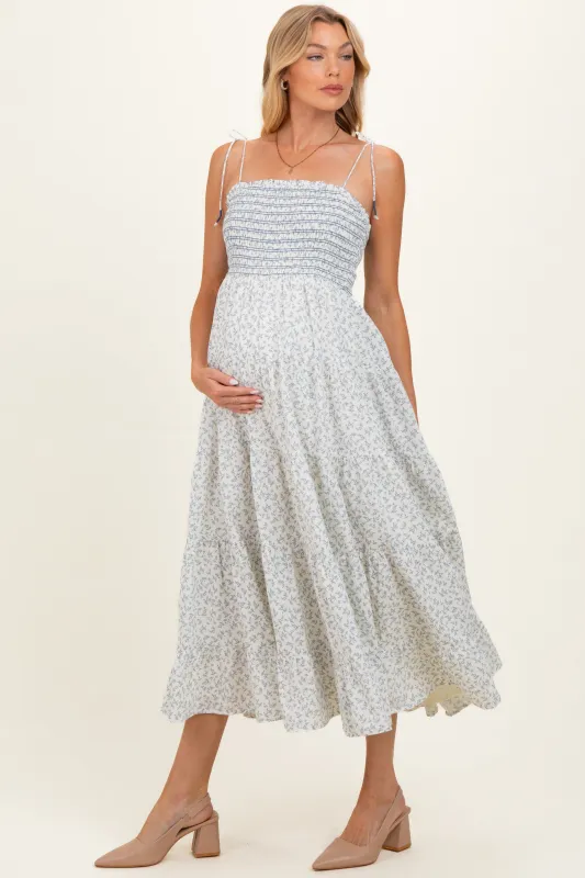 Cream Blue Floral Smocked Tiered Maternity Midi Dress made by Storia