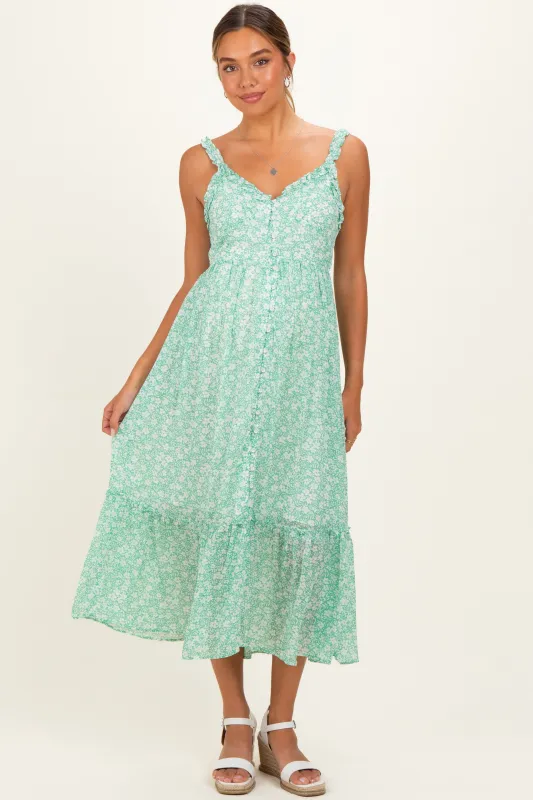 Mint Green Floral Ruffle Strap Button Down Maternity Dress made by Inloom