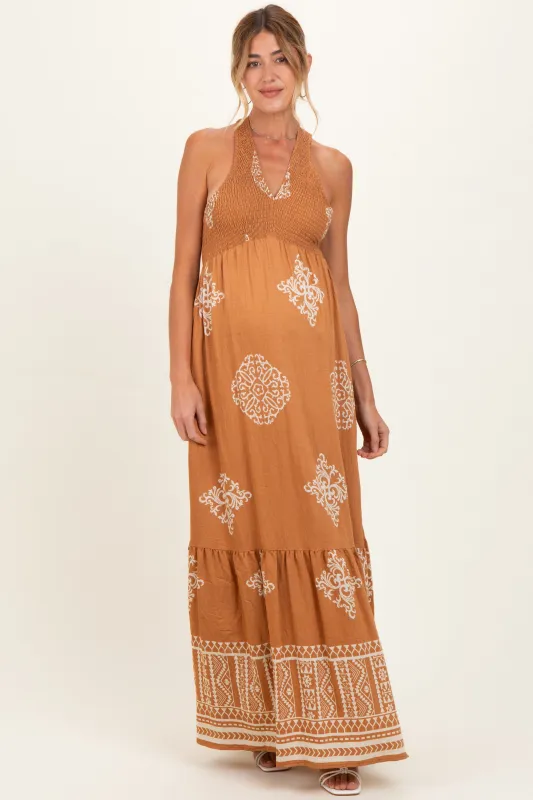 Sandalwood Printed Smocked Halter Maternity Maxi Dress made by Inloom