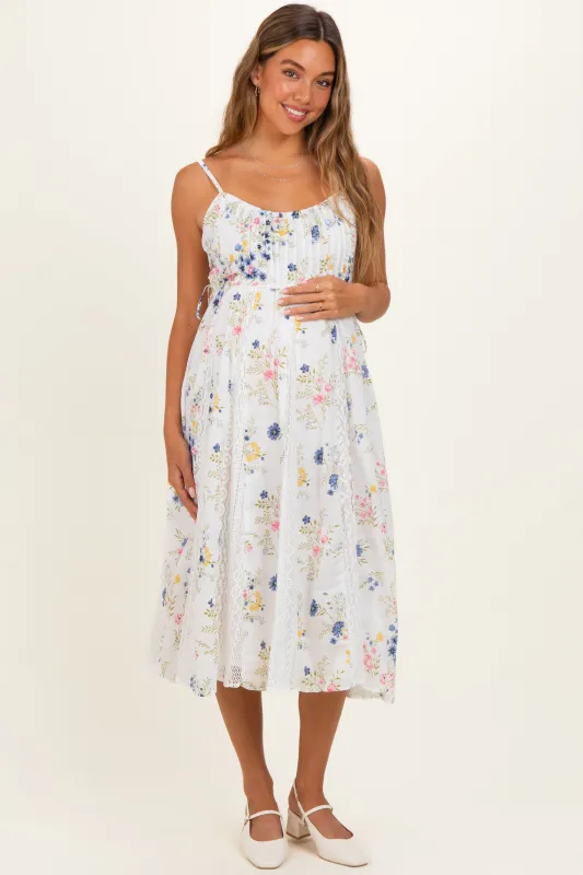 Ivory Pleated Side Tie Lace Accent Maternity Midi Dress made by Angie