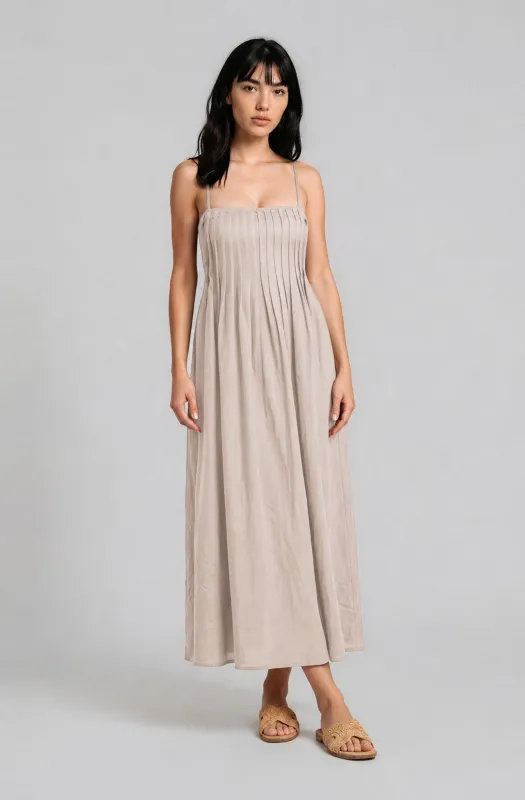 Light Khaki Pintuck Detail Sleeveless Maxi Dress made by Blu Pepper