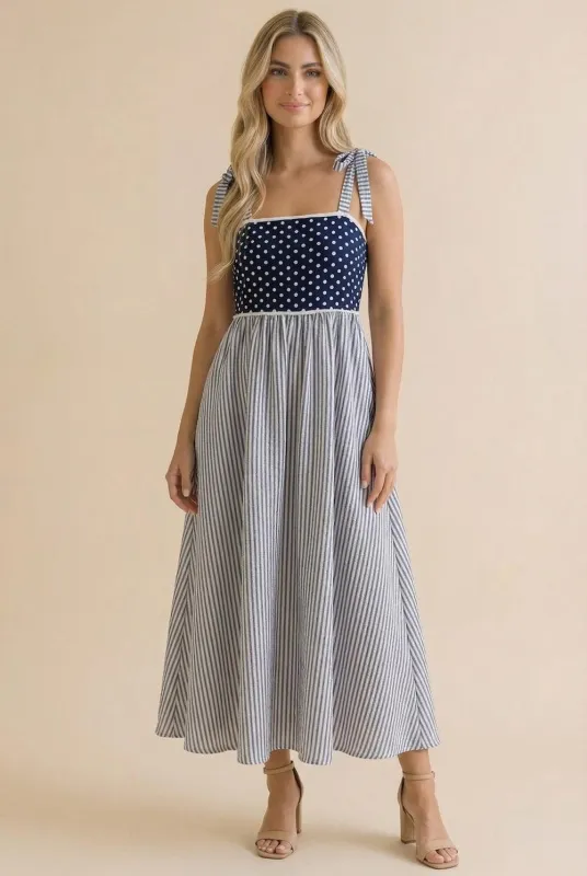 Navy Polka Dot Stripe Shoulder Tie Midi Dress made by Pinkblush