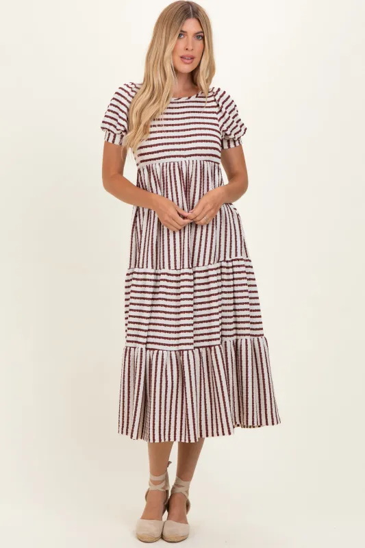 Cream/ Burgundy Striped Short Sleeve Tiered Maxi Dress made by Pinkblush