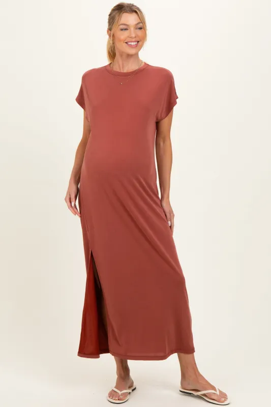 Brick Boxy Side Slit Maternity Maxi Dress made by BE COOL