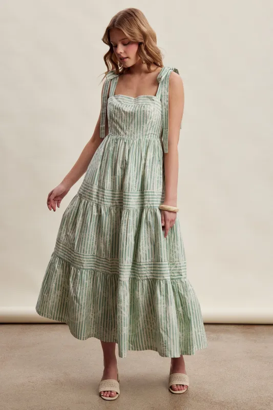 Sage Striped Shoulder Tie Tiered Maxi Dress made by Listicle