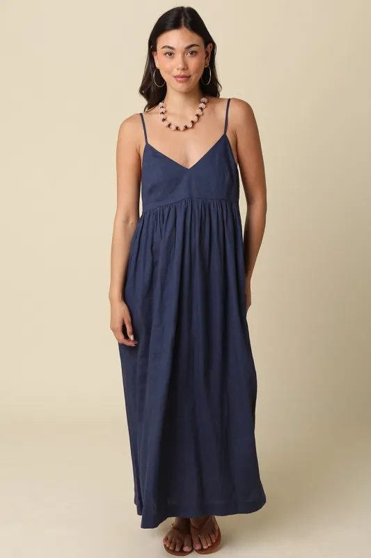 Navy Linen Blend Sleeveless Maxi Dress made by Olivaceous