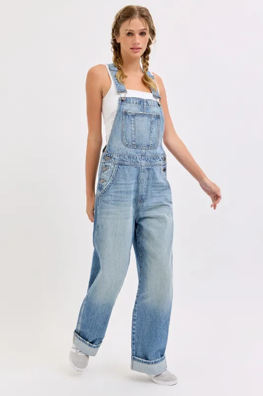 Blue Wide Leg Denim Cuffed Overalls made by Pinkblush