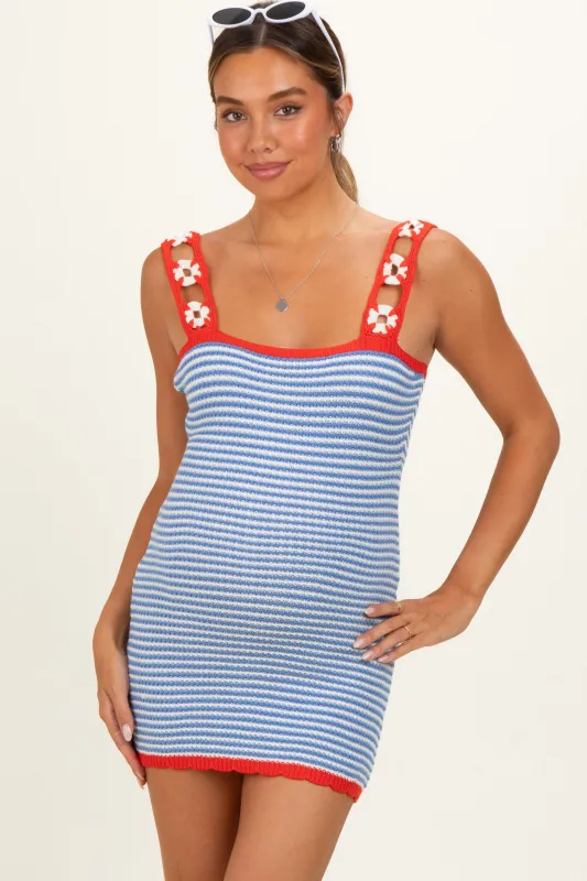 Blue Marine Crochet Stripe Floral Strap Maternity Mini Dress made by Bailey Rose