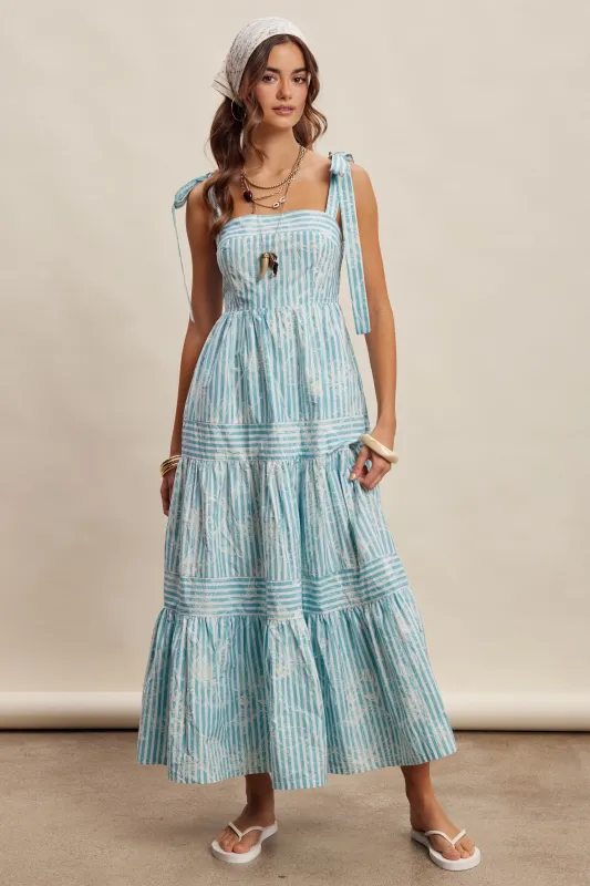 Aqua Striped Shoulder Tie Tiered Maxi Dress made by Listicle
