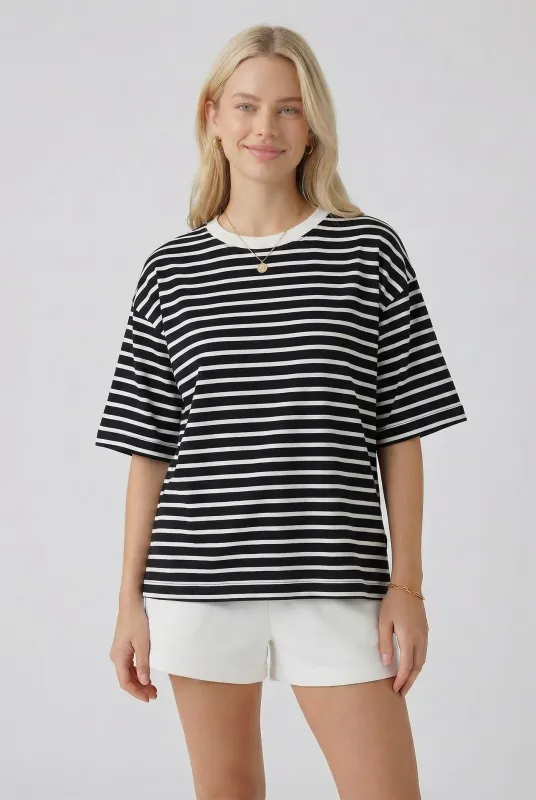 Black Ivory Stripe Relaxed Fit Tee made by Pinkblush