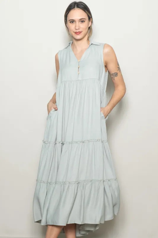 Seafoam Sleeveless Button Up Tiered Maxi Dress made by Pinkblush