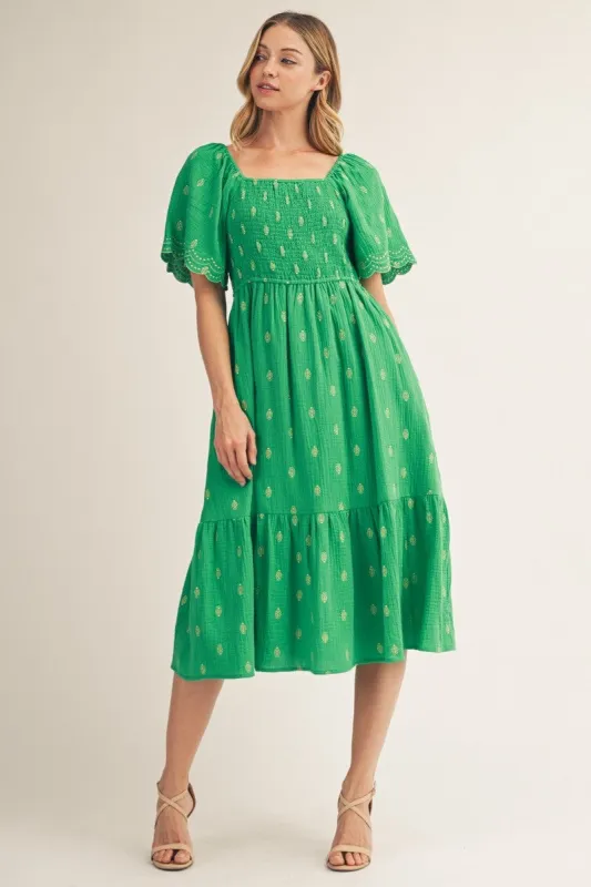 Kelly Green Smocked Embroidered Midi Dress made by JODIFL
