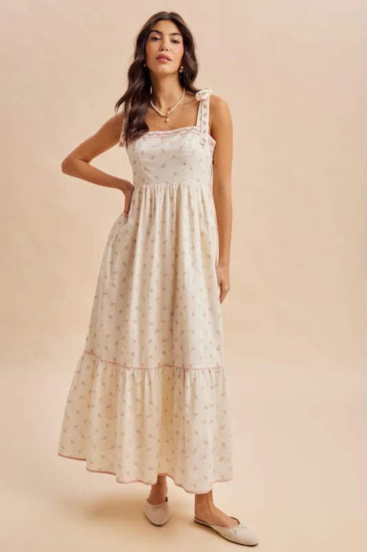 Creme Peony Floral Shoulder Tie Maxi Dress made by Inloom